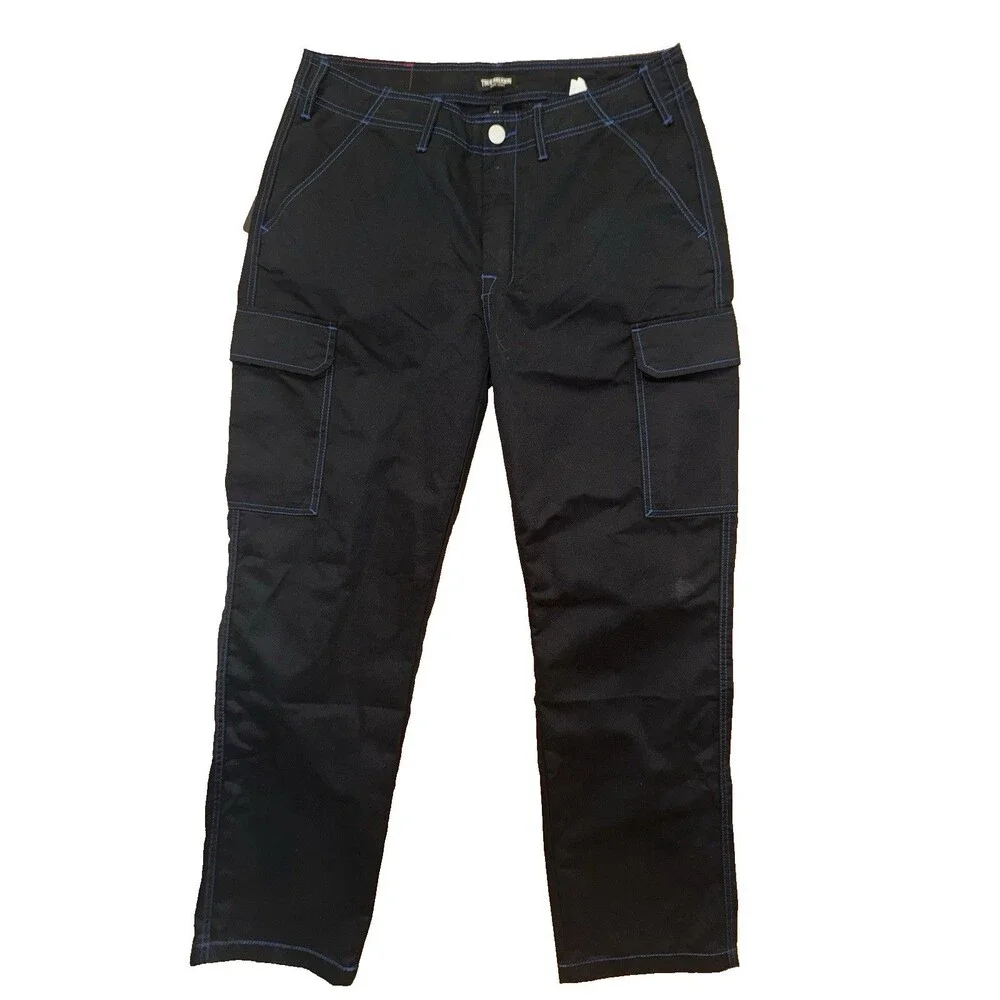 NWT True Religion Cargo Pants Mens Size 34 Jet Black Pacific Blue Stitch